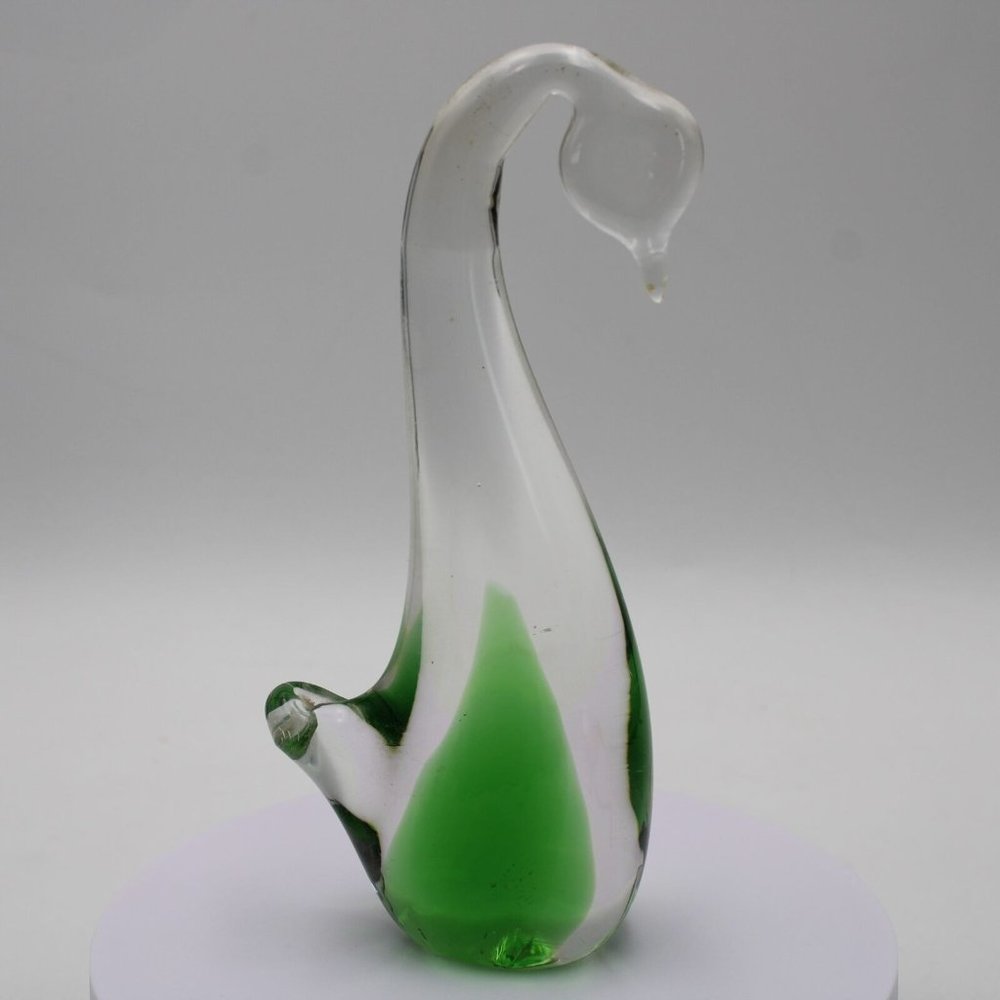 Murano Italy Hand Blown Glass Swan Paperweight Clear Green 6 Inch Tall